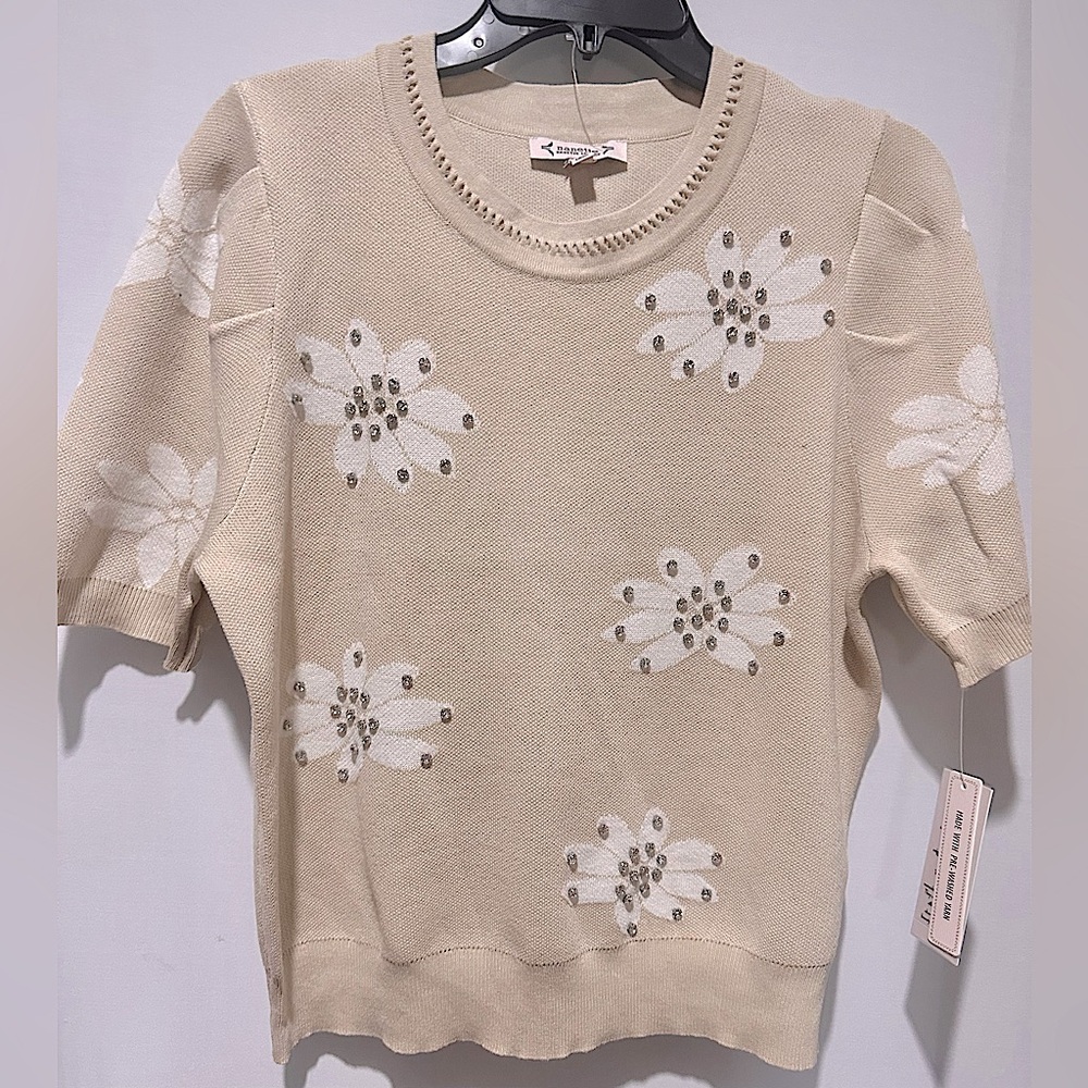 Nanette Lepore Short Sleeve / Rhinestone Floral Sweater - Size L